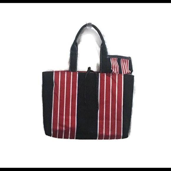 Striped Canvas Tote and Coin Purse Set Red Black Blue Stripes NWOT!!! - Picture 1 of 6